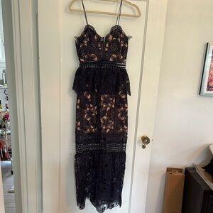 Self-Portrait - size 2 - Navy and Tan Tiered Floral Lace Midi Dress